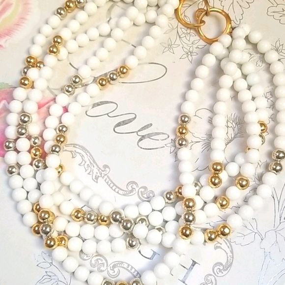 Vintage 1950s Mid Century Choker Beaded Gold & Silver Tone Multi-Strand Necklace - Picture 10 of 15